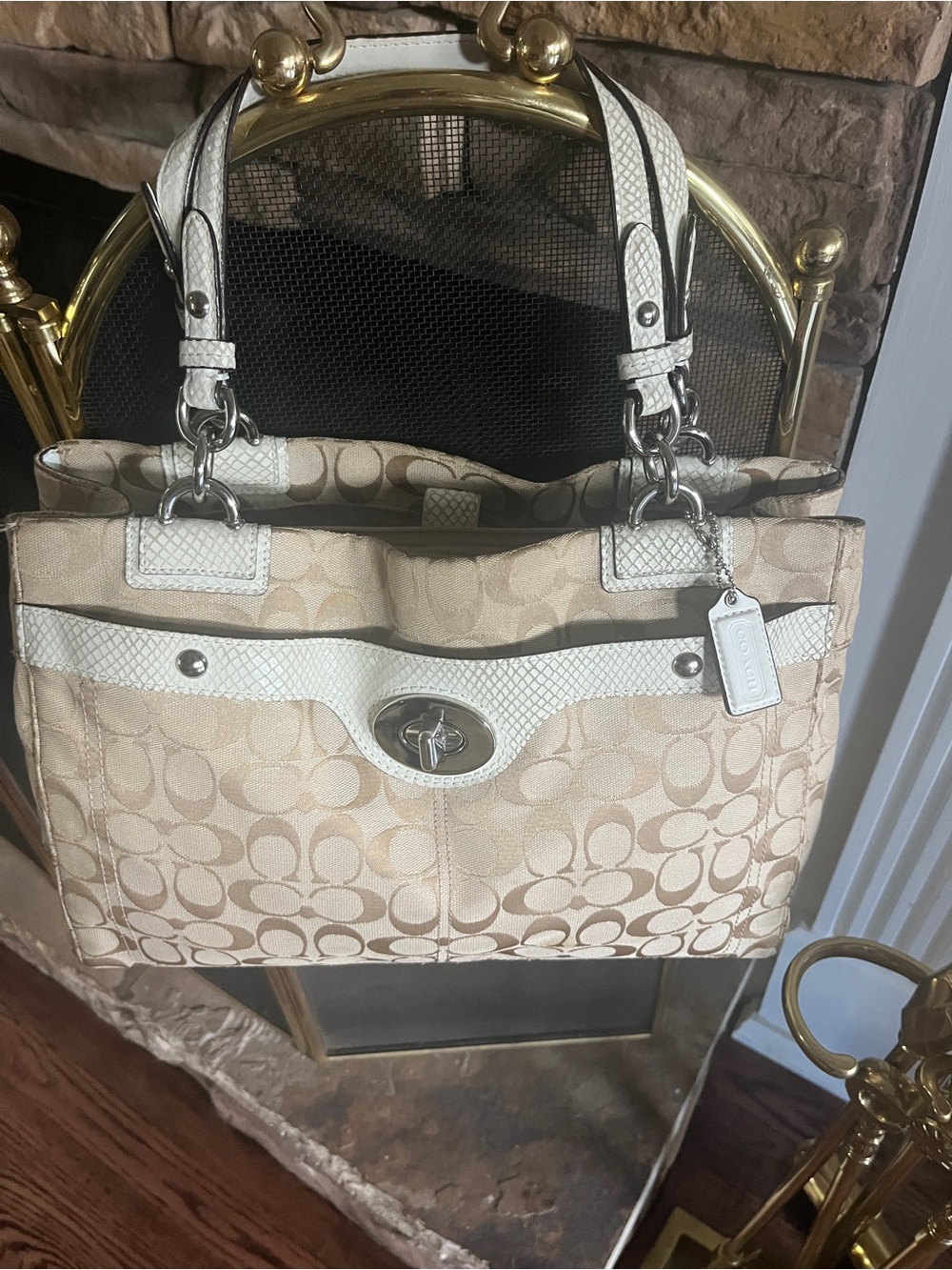 Coach Penelope Beige Signature Canvas Tote with White Trim and Silver Hardware